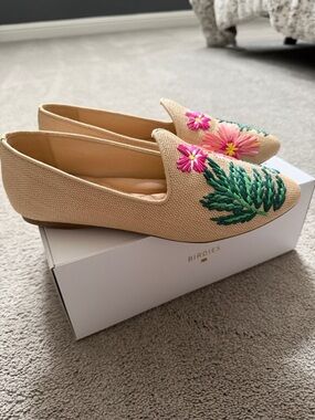 Birdies Beige Embroidered Loafers with Pink Floral & Green Leaf Accents